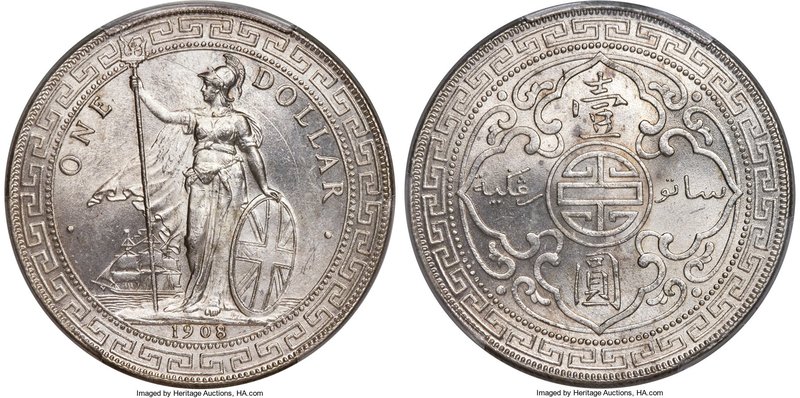 Edward VII Dollar 1908/7-B MS64 PCGS, Bombay mint, KM-T5, Prid-18 (Overdate). Fr...