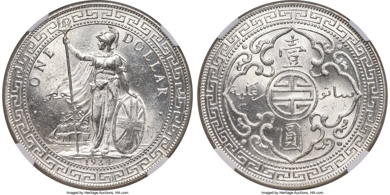 George V Trade Dollar 1934-B MS64 NGC, Bombay mint, KM-T5. A significantly bette...