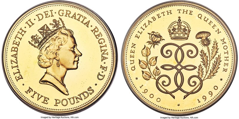 Elizabeth II gold Proof "90th Birthday" 5 Pounds 1990, KM962b. Estimated Mintage...