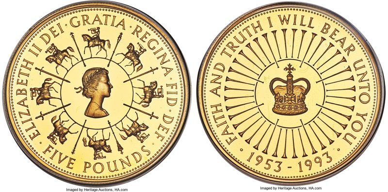 Elizabeth II gold Proof "40th Anniversary of Coronation" 5 Pounds 1993, KM965b. ...