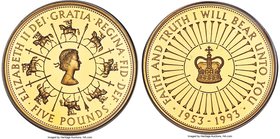Elizabeth II gold Proof "40th Anniversary of Coronation" 5 Pounds 1993, KM965b. Estimated Mintage: 2,500. Sold with the original case of issue and COA...