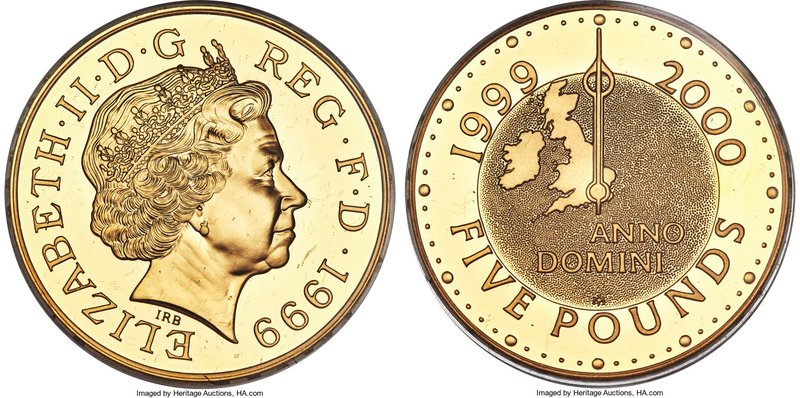Elizabeth II gold Proof "Millennium" 5 Pounds 2000, KM1006b. Sold with the origi...
