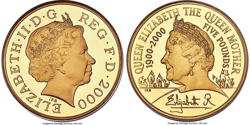 Elizabeth II gold Proof "Centennial of the Queen Mother" 5 Pounds 2000, KM1007b....