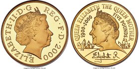 Elizabeth II gold Proof "Centennial of the Queen Mother" 5 Pounds 2000, KM1007b. Mintage: 3,000. Sold with the original case of issue and COA #2981. A...