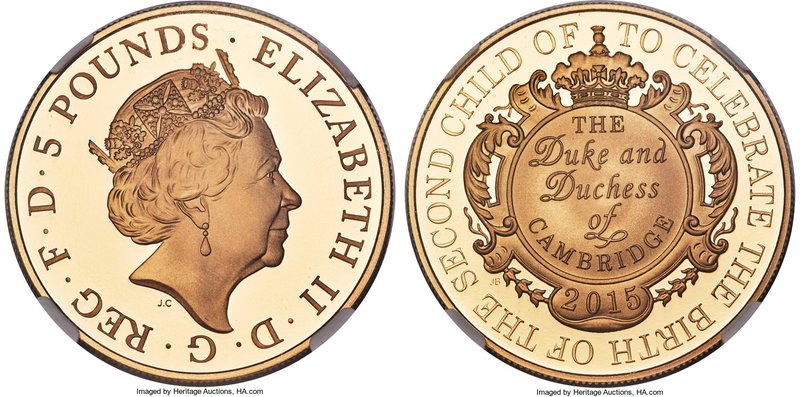 Elizabeth II gold Proof "Royal Baby Birth" 5 Pounds 2015 Gem Proof NGC, KM-Unl. ...
