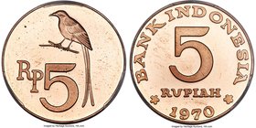 Republic bronze Specimen Pattern 5 Rupiah 1970 SP66 Red PCGS, cf. KM22 (circulation issue in aluminum). A rare issue struck in bronze, the coin's fiel...