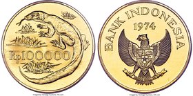 Republic gold "Komodo Dragon" 100000 Rupiah 1974 MS68 PCGS, Royal mint, KM41, Fr-6. Mintage: 5,333. Conservation Series. Nearly as-struck, with fine d...