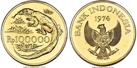 Republic gold "Komodo Dragon" 100000 Rupiah 1974 MS66 PCGS, Royal mint, KM41, Fr-6. Mintage: 5,333. Conservation Series issue. A fully struck example ...