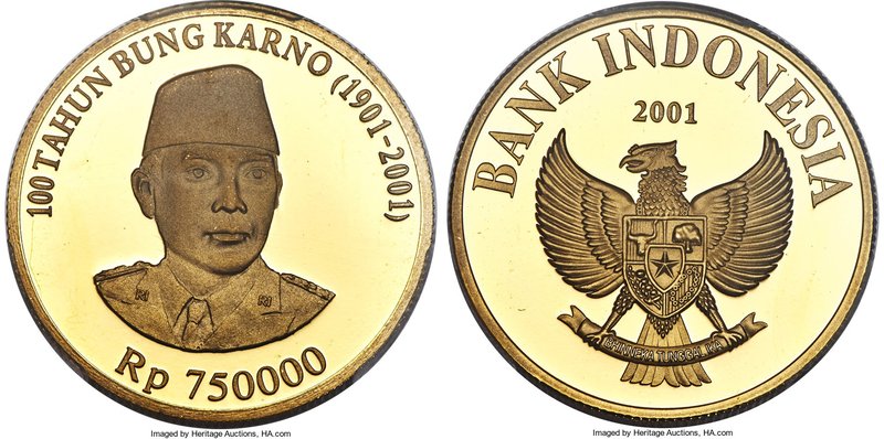 Republic gilt copper Proof Pattern 750000 Rupiah 2001 PR68 Deep Cameo PCGS, KM-U...