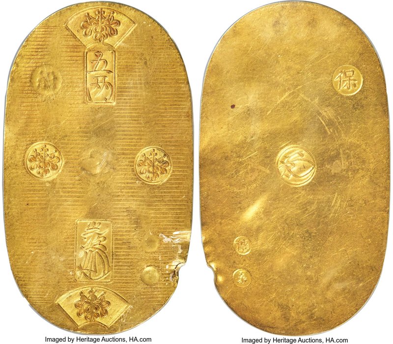 Tempo gold Goryoban (5 Ryo) ND (1837-1843) AU Details (Rim Damage) PCGS, Kyoto o...