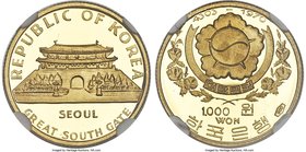 South Korea. Republic Pair of Certified gold Proof Won Issues KE 4303 (1970) PR69 Ultra Cameo NGC, 1) "South Gate" 1000 Won, KM14.1 2) "Queen Sunduk" ...
