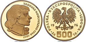People's Republic gold Proof "Tadeusz Kosciuszko" 500 Zlotych 1976-MW PR69 Ultra Cameo NGC, Warsaw mint, KM-Y83. A bright selection of the type illust...