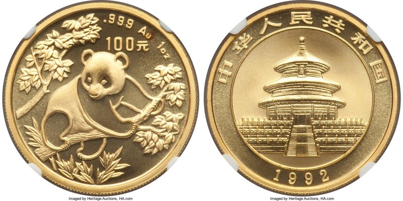 People's Republic gold "Large Date" Panda 100 Yuan (1 oz) 1992 MS69 NGC, KM395. ...