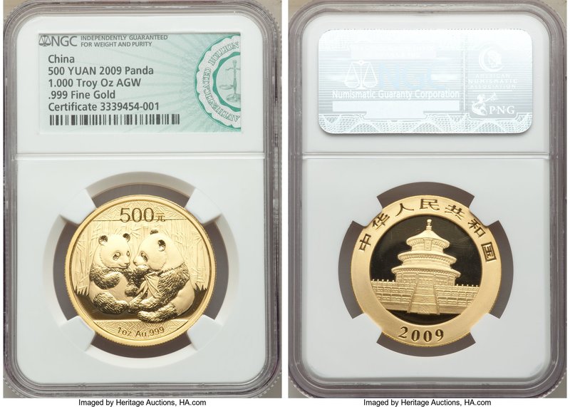 People's Republic gold Panda 500 Yuan (1 oz) 2009 NGC, KM1872. AGW 0.9990 oz. Ce...