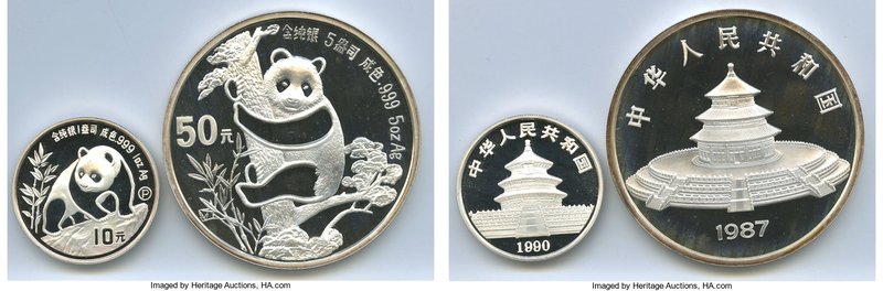 People's Republic Pair of Uncertified silver Proof Panda Multiple Yuan, 1) 10 Yu...