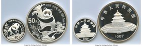 People's Republic Pair of Uncertified silver Proof Panda Multiple Yuan, 1) 10 Yuan (1 oz) 1990-P, KM276. Mintage: 20,000 2) 50 Yuan (5 oz) 1987, KM168...