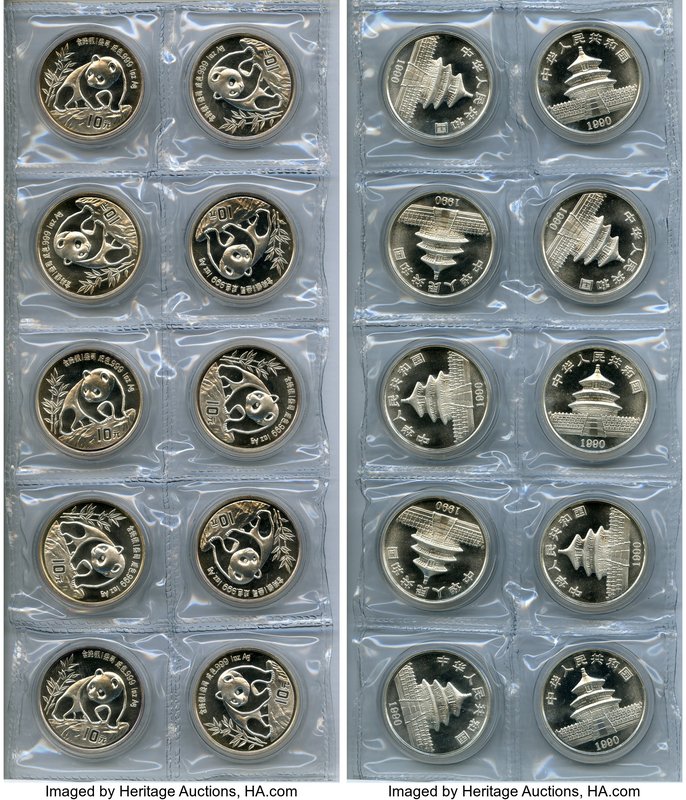 People's Republic 40-Piece Group of Uncertified silver Panda 10 Yuan 1989-1992 U...
