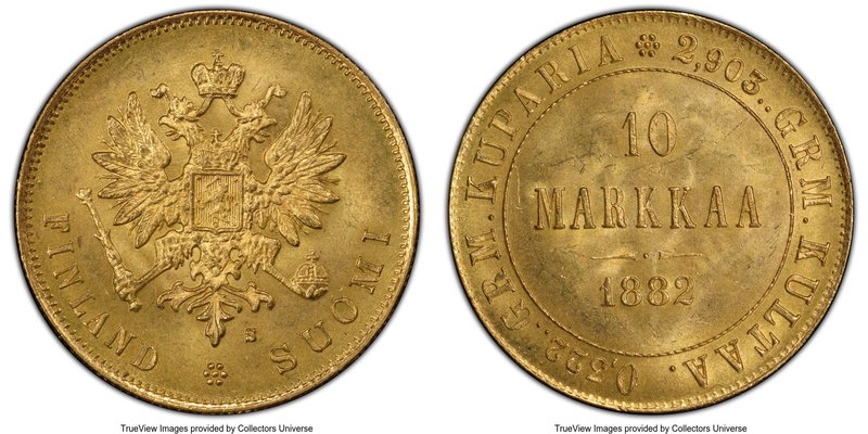 Russian Duchy. Nicholas II gold 10 Markkaa 1882-S MS65 PCGS, Helsinki mint, KM8....