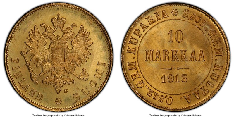 Russian Duchy. Nicholas II gold 10 Markkaa 1913-S MS66 PCGS, Helsinki mint, KM8....