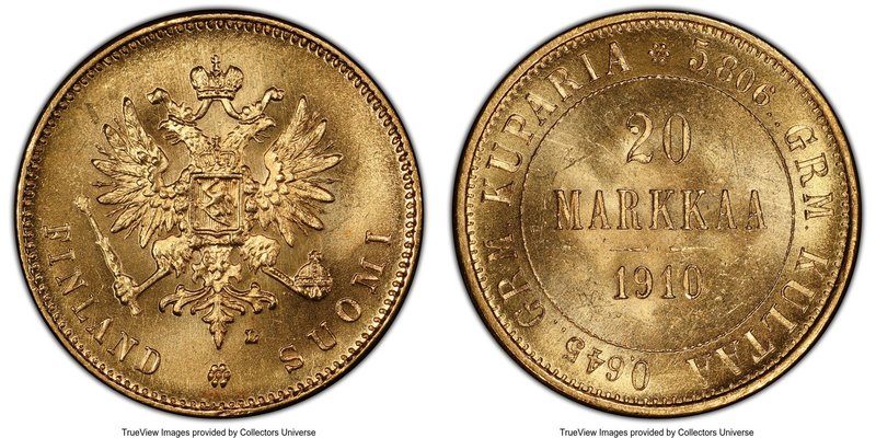 Russian Duchy. Nicholas II gold 20 Markkaa 1910-L MS64+ PCGS, Helsinki mint, KM9...