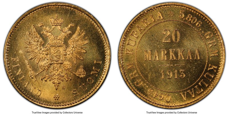 Russian Duchy. Nicholas II gold 20 Markkaa 1913-S MS65 PCGS, Helsinki mint, KM9....