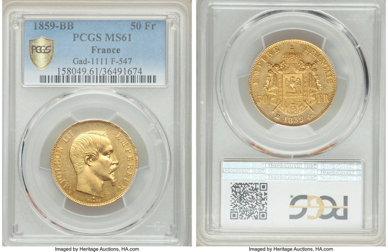 Napoleon III gold 50 Francs 1859-BB MS61 PCGS, Strasbourg mint, KM785.2, Gad-111...