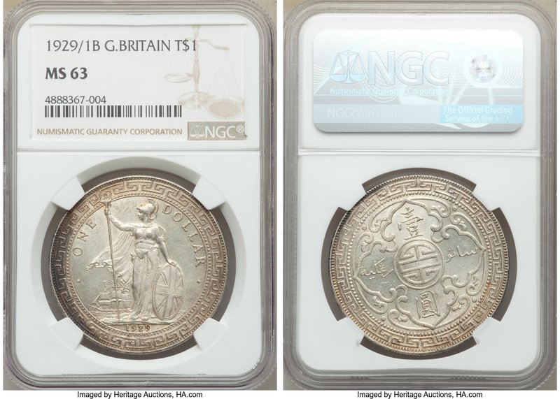 George V Trade Dollar 1929/1-B MS63 NGC, Bombay mint, KM-T5. A rather bold overd...