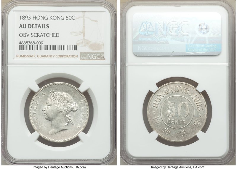 British Colony. Victoria 50 Cents 1893 AU Details (Obverse Scratched) NGC, KM9.1...