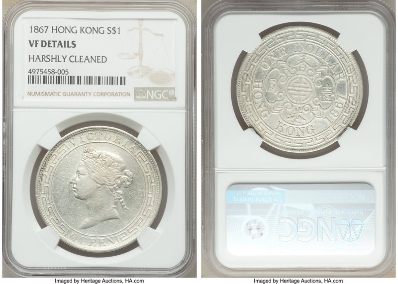 British Colony. Victoria Dollar 1867 VF Details (Harshly Cleaned) NGC, KM10. A r...