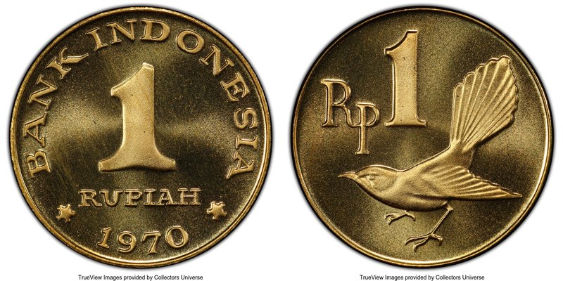 Republic brass Specimen Pattern Rupiah 1970 SP67 PCGS, cf. KM-Pn4 (in bronze). A...