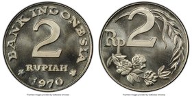 Republic copper-nickel Specimen Pattern 2 Rupiah 1970 SP67 PCGS, cf. KM-Pn5 (in copper). Supremely gem, the surfaces exhibiting a velvety softness unb...
