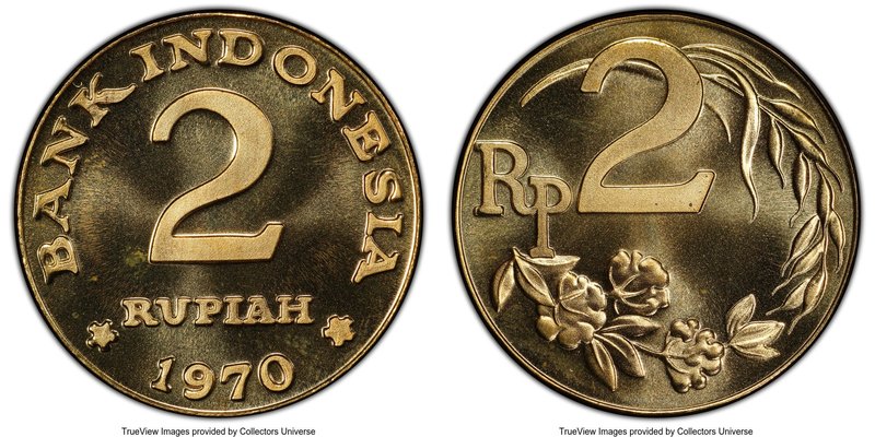 Republic brass Specimen Pattern 2 Rupiah 1970 SP67 PCGS, cf. KM-Pn6 (in bronze)....