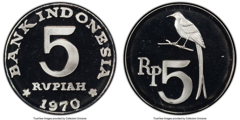 Republic Proof 5 Rupiah 1970 PR68 Deep Cameo PCGS, KM22. A fully flashy Proof wi...