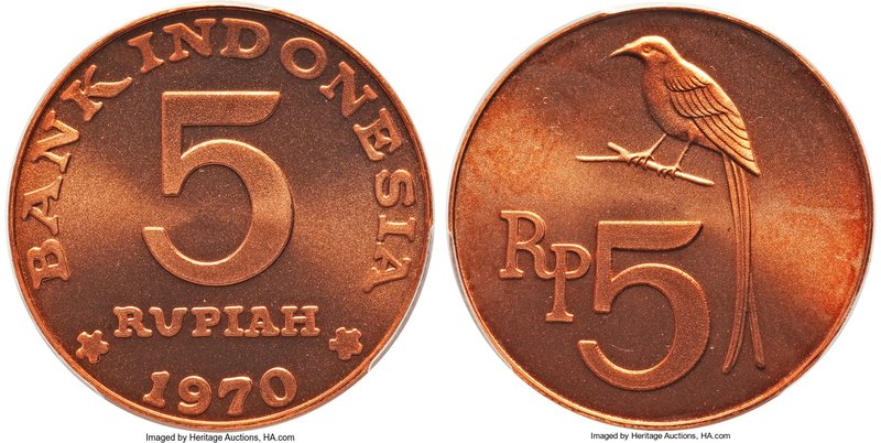 Republic bronze Specimen Pattern 5 Rupiah 1970 SP67 Red PCGS, KM-Unl. Just sligh...