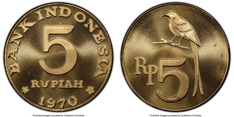 Republic brass Specimen Pattern 5 Rupiah 1970 SP66 PCGS, KM-Unl. Attractive bras...