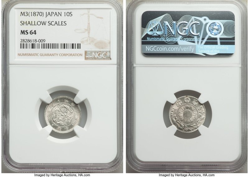Meiji 10 Sen Year 3 (1870) MS64 NGC, KM-Y2. Shallow scales variety. A gorgeous n...