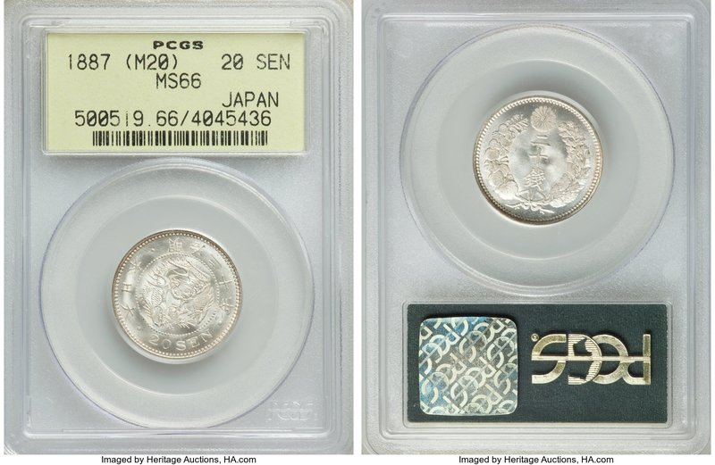 Meiji 20 Sen Year 20 (1887) MS66 PCGS, KM-Y24. A radiant specimen beaming with m...
