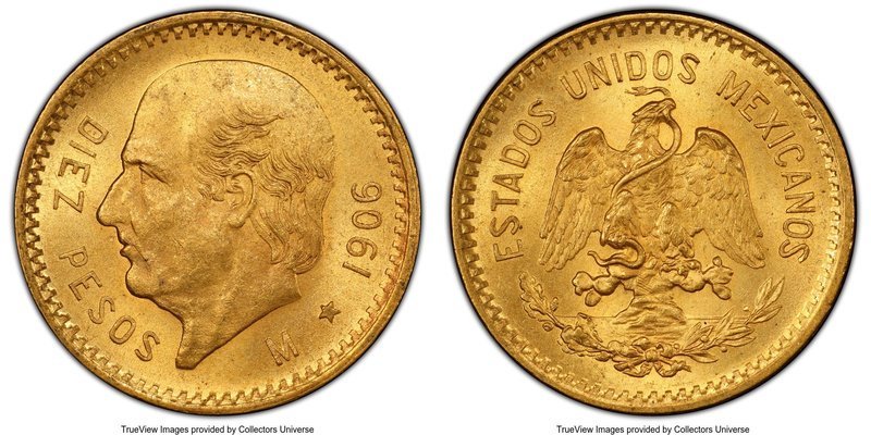 Republic gold 10 Pesos 1906-M MS64 PCGS, Mexico City mint, KM473. AGW 0.2411 oz....