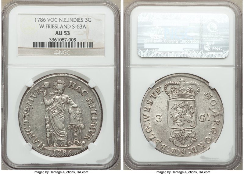 Dutch Colony. United East India Company 3 Gulden 1786 AU53 NGC, KM140, Scholten-...