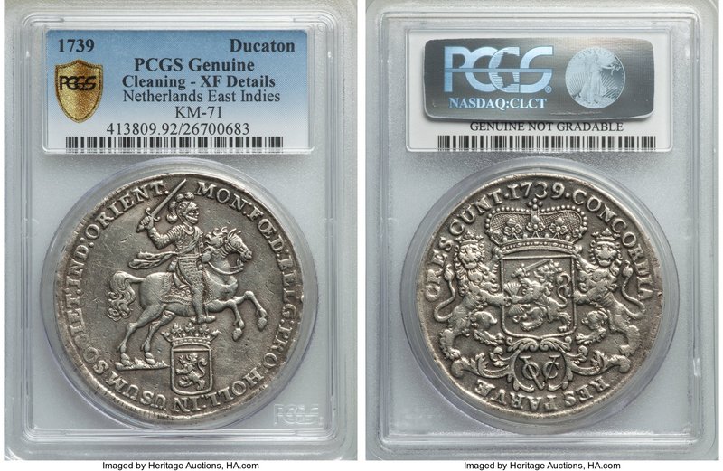 Dutch Colony. United East India Company Ducaton 1739 XF Details (Cleaning) PCGS,...
