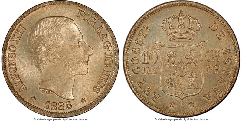 Spanish Colony. Alfonso XII 10 Centimos 1885 MS67 PCGS, KM148. Double Die Obvers...