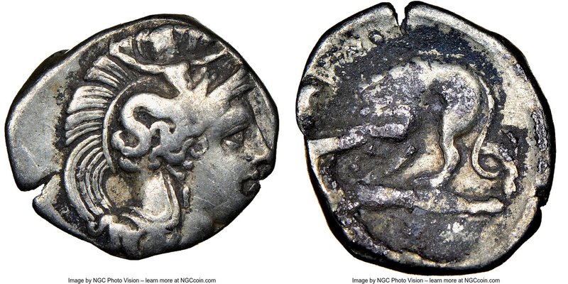 CALABRIA. Tarentum. 4th century BC. AR diobol (12mm, 3h). NGC Choice Fine. Ca. 3...