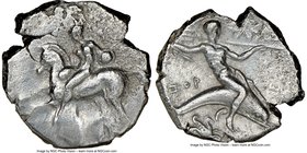 CALABRIA. Tarentum. Ca. early 3rd century BC. AR stater or didrachm (21mm, 9h). NGC VF. Ca. 302-280 BC. Nicottas, Ey- and Iop-, magistrates. Warrior d...