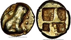 IONIA. Uncertain mint. Ca. 600-550 BC. EL sixth-stater or hecte (11mm, 2.59 gm). NGC Choice VF 4/5 - 3/5. Phocaic standard. Lion seated right, with op...