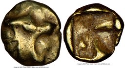 IONIA. Uncertain mint. Ca. 600-550 BC. EL 1/48 stater (6mm, 0.32 gm). NGC Choice VF 3/5 - 4/5. Stylized, linear lion head right / Incuse punch with ir...