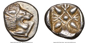 IONIA. Miletus. Ca. late 6th-5th centuries BC. AR obol (10mm). NGC AU. Milesian standard. Forepart of roaring lion left, head reverted / Stellate flor...