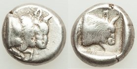 CARIA. Uncertain mint. Ca. 450-400 BC. AR diobol (11mm, 2.32 gm, 2h). About VF. Milesian standard. Forepart of bull right, truncation decorated with p...
