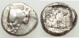 CARIA. Uncertain mint. Ca. 450-400 BC. AR diobol (12mm, 2.27 gm, 4h). Fine. Milesian standard. Forepart of bull right, truncation decorated with pelle...