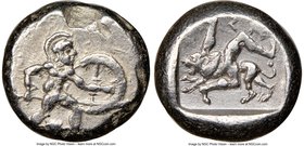 PAMPHYLIA. Aspendus. Ca. mid-5th century BC. AR stater (19mm, 5h). NGC XF. Helmeted nude hoplite warrior advancing right, shield in left hand, spear f...