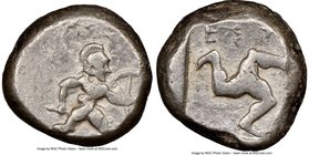 PAMPHYLIA. Aspendus. Ca. mid-5th century BC. AR stater (23mm, 2h). NGC Fine. Helmeted nude hoplite warrior advancing right, shield in left hand, spear...